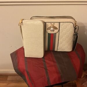 Beige Crossbody Bag with Red and Green Stripes/ Wallet